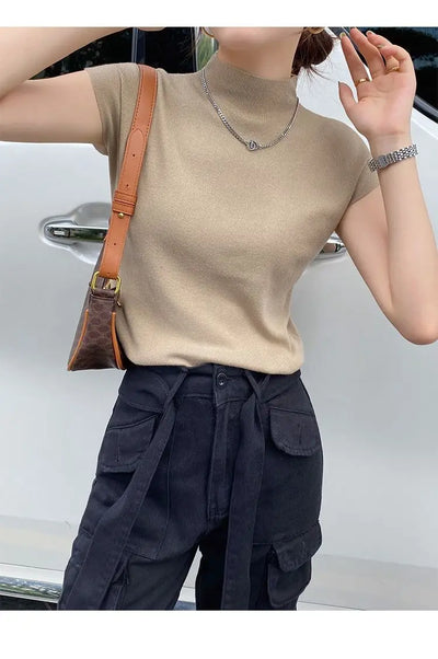 Crew Neck Fashion Women T Shirt Street Casual Knitted T-Shirt Solid Top Tees Sexy Slim Summer Short Sleeve Women's Clothing
