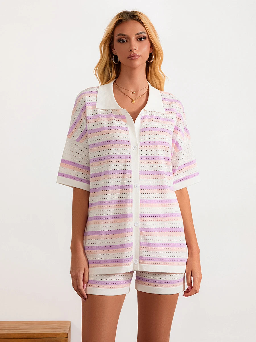 Women Pajamas Set 2 Pieces Loungewear Suits Summer Striped Contrast Color Button Crochet Knit Tops and Shorts Lounge Sets Beach