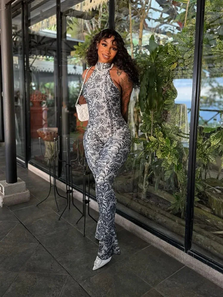 kliou Attractive Y2K Women Jumpsuits Fashion Print Halter Backless High Collar Off Shoulder Overalls Female Midnight Clubwear