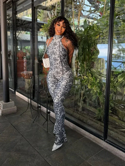 kliou Attractive Y2K Women Jumpsuits Fashion Print Halter Backless High Collar Off Shoulder Overalls Female Midnight Clubwear