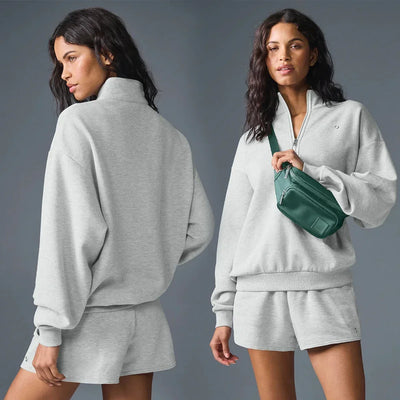 Women Sweatshirt  Accolade 1/4 Zip Pullover Yoga Leisure Top Stand Up Collar Coat Hoodie Fitness Loose Wide Leg Shorts Sport Set