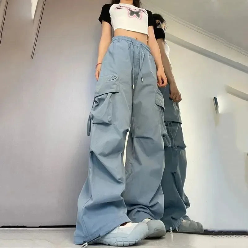 Women Cargo Pants High Waist Big Pocket Drawstring Trousers Vintage Streetwear Fashion Baggy Pants Female Casual Loose Sweatpant