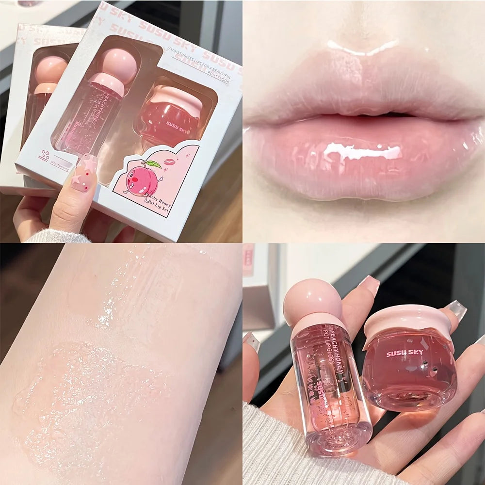 2pcs Lip Gloss and Lip Mask Set, Moisturizing Lips, Moisturizing Peach-flavored Makeup Set