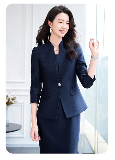 NAVIU 2025 Women Office Dress Set Monochromatic Slim Fit Suit Stand Collar Single Button Fashion New 2 Pcs Brazer and Dresses