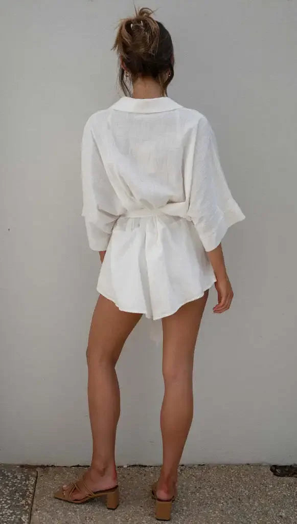 Women's Jumpsuit Spring/summer New Style With Collar Mid Sleeves Waist Strap Fashionable Loose Short Style Solid Color Jumpsuit