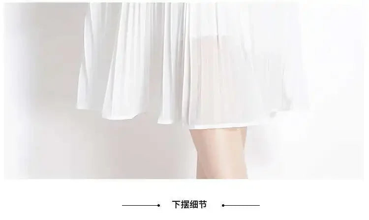 Luxury Evening Dress Women Summer Vacation Short Sleeve Pleated Lace Chiffon Long Dresses White Single Breasted Midi Party Robe