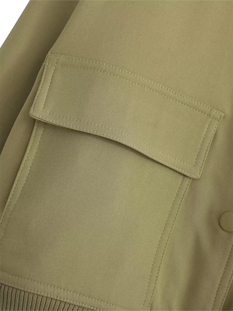 Women Fashion Solid Bomber Jackets Coat With Pockets V-Neck Single Breasted