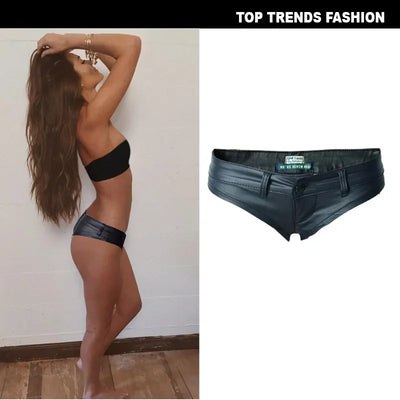 Womens Shorts Nightclub Sexy Low Waisted Elastic Denim PU Faux Leather Button Up Zippered Hot Pants for Women