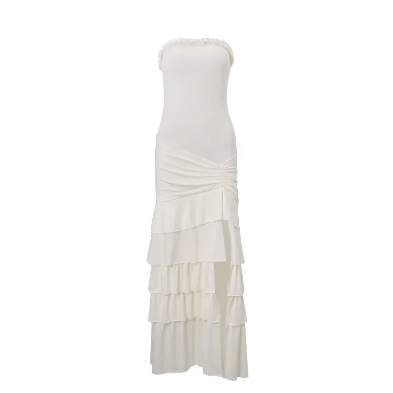 NIDANSSI White Strapless Backless Evening Party Dress Women Ruffle Robes Elegant Sexy Dress Bodycon Long Summer Dress Vestidos