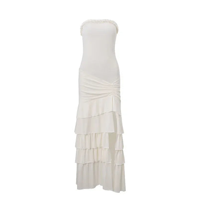NIDANSSI White Strapless Backless Evening Party Dress Women Ruffle Robes Elegant Sexy Dress Bodycon Long Summer Dress Vestidos