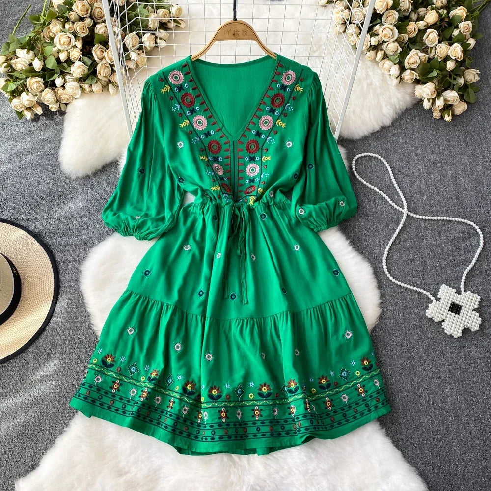 Boho Dress for Women Embroidery Floral Print V-neck Elastic Waist Lace-up Dresses with Belt Summer Vestidos Folds Dropshipping