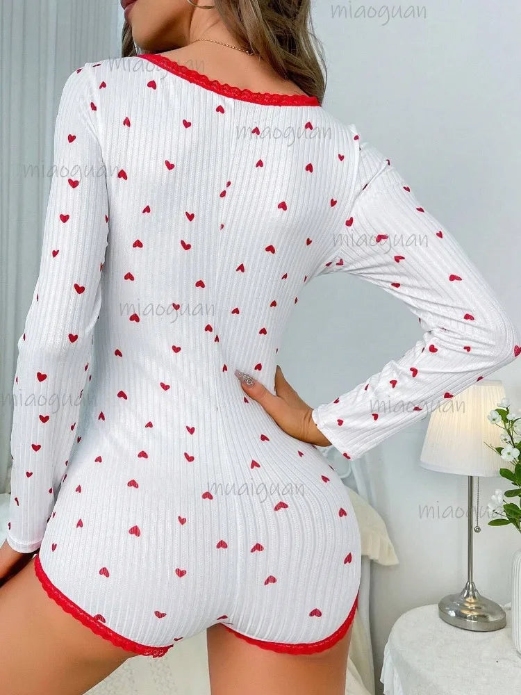 Women's Pajamas One-piece Long Sleeve Love Printed Loungewear Spring Summer Casual V-neck Sexy Slimming Night Wear for Ladies
