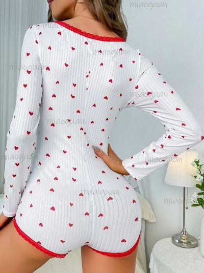 Women's Pajamas One-piece Long Sleeve Love Printed Loungewear Spring Summer Casual V-neck Sexy Slimming Night Wear for Ladies