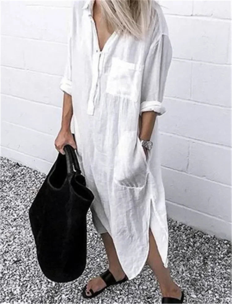 Women's Cotton Linen Shirt Dresses Loose Long Sleeve Turn-Down Collar Pullover Solid Dresse Casual Holiday Beach Party Sundress