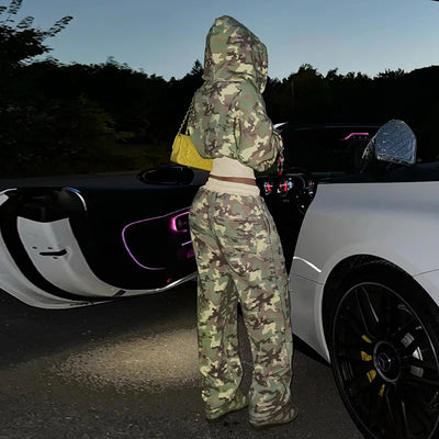 Camouflage Print Loose Casual 2 Piece Set Women Tracksuits Full Sleeve Zipper Hooded Sweatshirts Top + Wide Leg Pants Suits