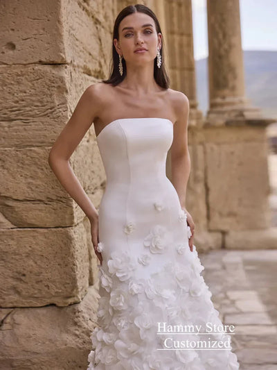 Saudi Arabic Wedding Dress with Flowers Customized Strapless Sleeveless Sweep Train Arabian Bridal Gown Back Zipper Buttons