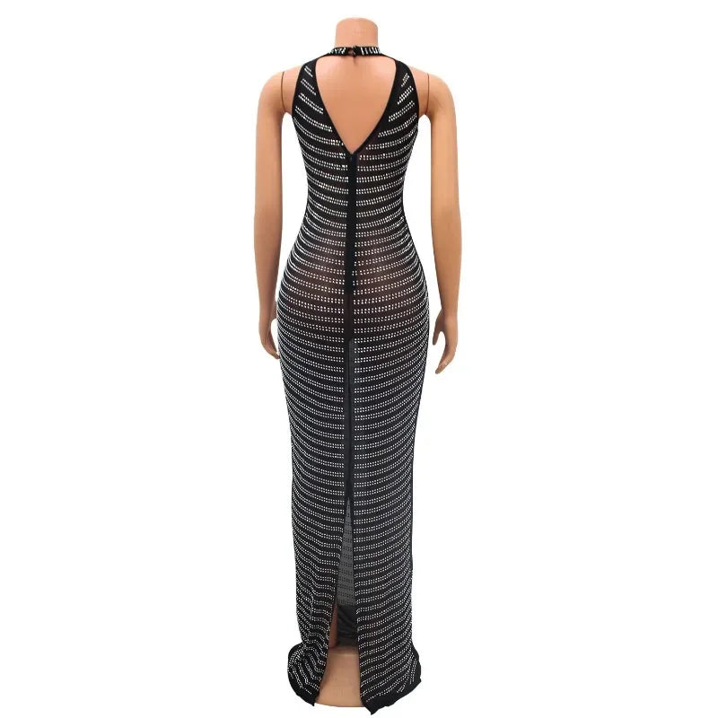 Sexy Sheer Mesh Studded Maxi Dress Women Sheath Backless Party Dress Clubwear