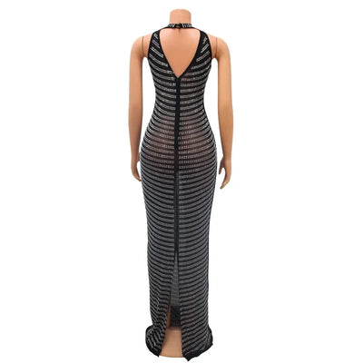 Sexy Sheer Mesh Studded Maxi Dress Women Sheath Backless Party Dress Clubwear