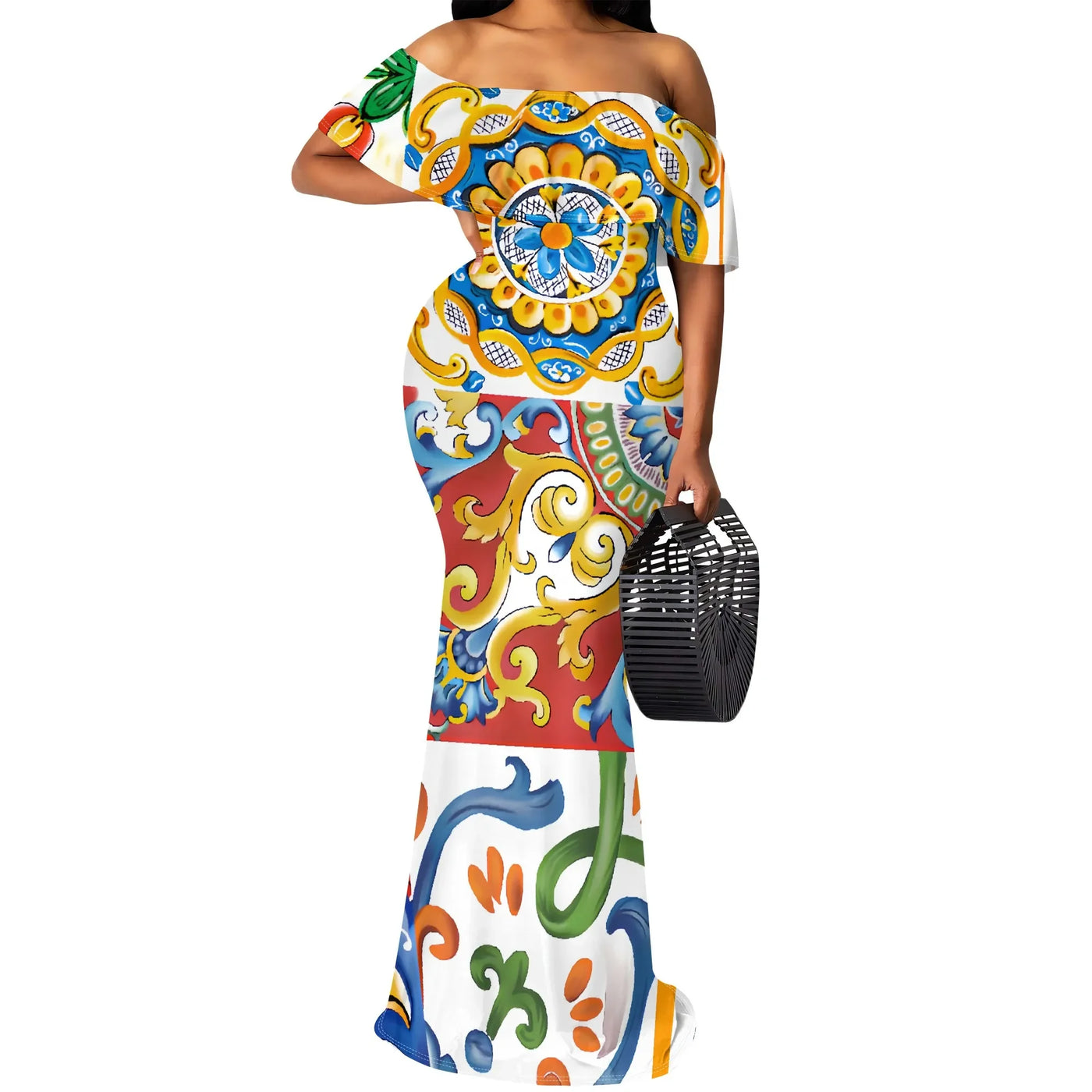 S-3XL Italian Tile Print Maxi Dress Off Shoulder Summer Holiday Boho Dress for Women