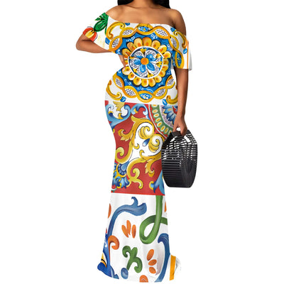 S-3XL Italian Tile Print Maxi Dress Off Shoulder Summer Holiday Boho Dress for Women
