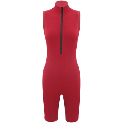 Womens Athletic Tank Bodysuit Sleeveless Front Half Zip Shorts Jumpsuit Leotard Gym Yoga Workout Cycling Sportswear Swimsuit
