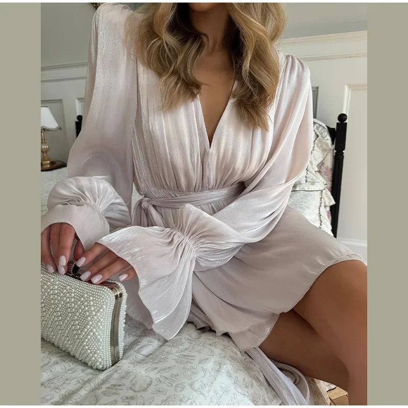 Ruffles Mini Dress Women Lace Up  V Neck Long Sleeve Pleated Female Dresses 2025 Elegant Summer Autumn Street Loose Ladies Robes