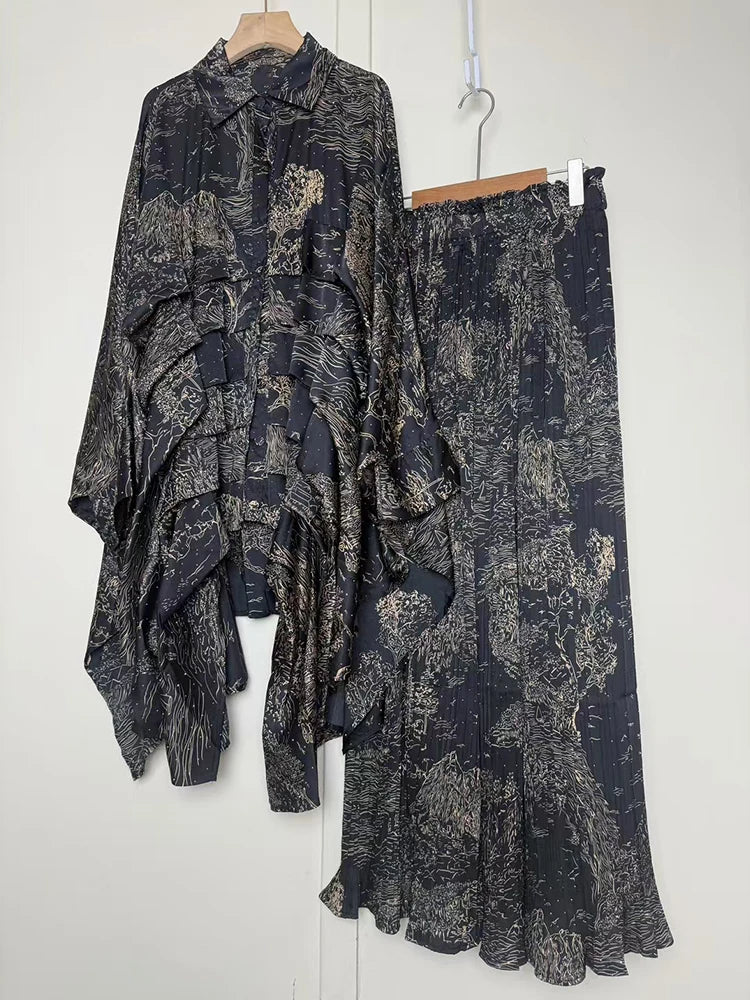 2025 Summer Women's Retro Geometric Printed Multi layered Flaw Loose Irregular Shirt Set+High Waist Wide Leg Pants Fashion Set