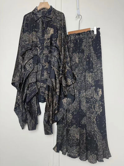 2025 Summer Women's Retro Geometric Printed Multi layered Flaw Loose Irregular Shirt Set+High Waist Wide Leg Pants Fashion Set