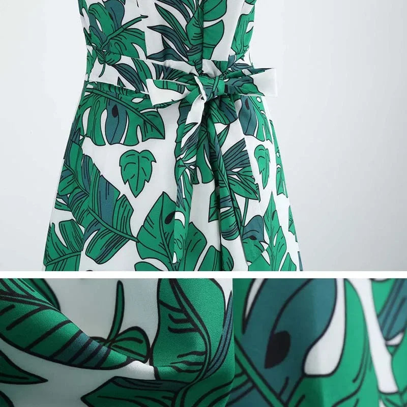 Women's Summer Sleeveless Midi Dress Green Leaf Print O-Neck Retro Vintage Party Robe Casual Elegant Female Clothing