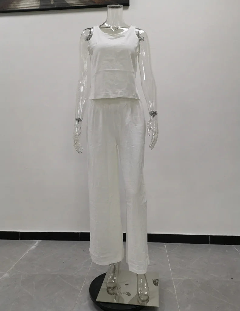 Women's New Cotton Linen Suit Summer Casual Sleeveless Round Neck Top Trousers Wide Leg Pants Two-piece Set For Women