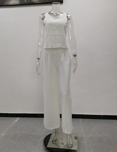 Women's New Cotton Linen Suit Summer Casual Sleeveless Round Neck Top Trousers Wide Leg Pants Two-piece Set For Women