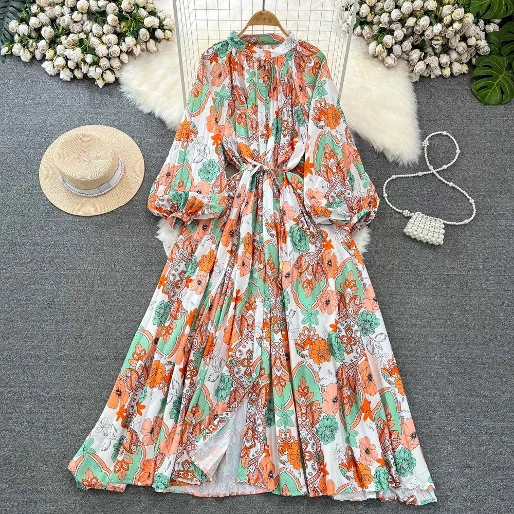 Retro Elegant Sashes O Neck Single Breasted Print Dresses Long Lantern Sleeves A-line Casual High Waist Women Autumn Clothing