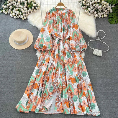 Retro Elegant Sashes O Neck Single Breasted Print Dresses Long Lantern Sleeves A-line Casual High Waist Women Autumn Clothing