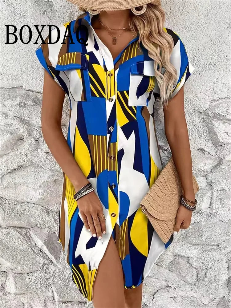 Summer Women‘s Dress Fashion Geometri Printed Short Sleeve Dresses 2025 Party Elegant Sundress Casual Button Lapel Shirts Dress