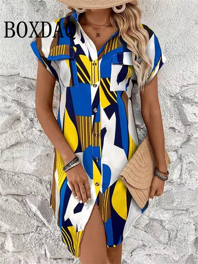 Summer Women‘s Dress Fashion Geometri Printed Short Sleeve Dresses 2025 Party Elegant Sundress Casual Button Lapel Shirts Dress