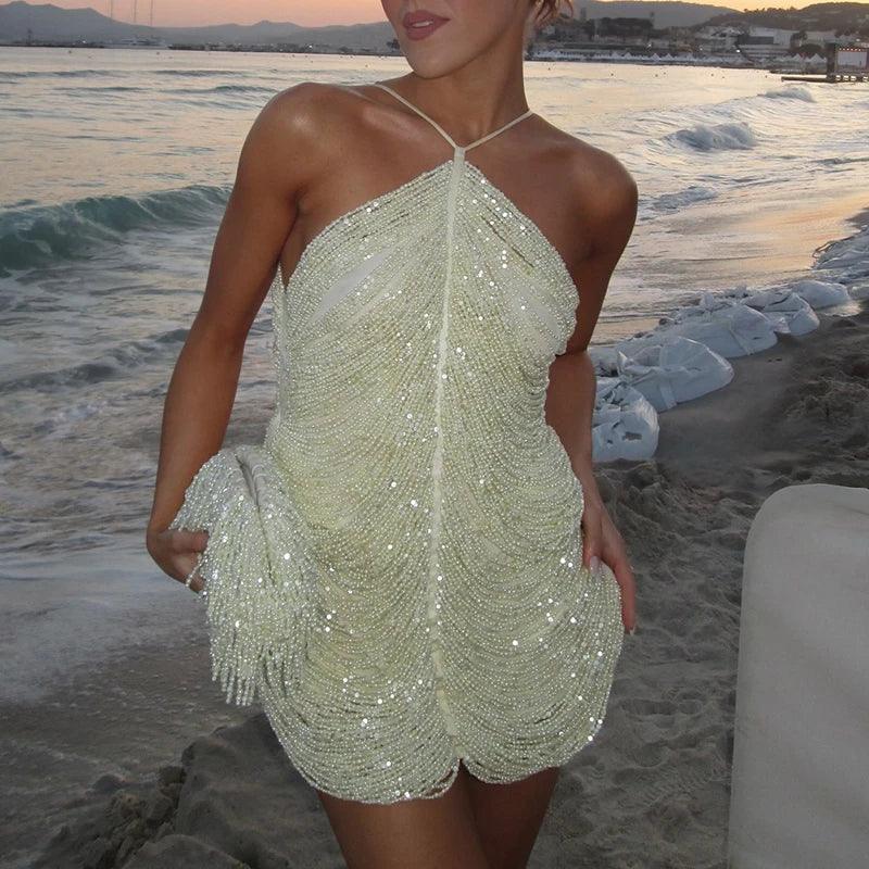 Summer Elegant Temperament Women Prom Gown Fashion Solid Tassels Suspender Dresses Sexy Hollow Out Sleeveless Party Mini Dresses