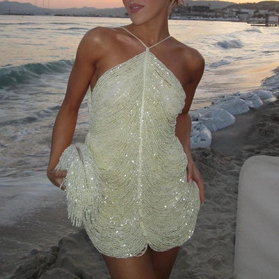 Summer Elegant Temperament Women Prom Gown Fashion Solid Tassels Suspender Dresses Sexy Hollow Out Sleeveless Party Mini Dresses