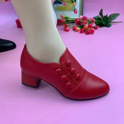 Women's Boots 2025 New Casual Leather Shoes for Women Comfort Office Low Boots Pointed Toe Ladies High Heels Red Wedding Shoes