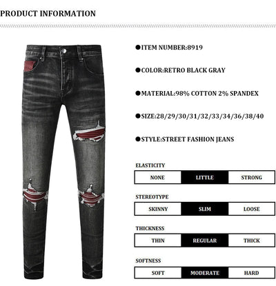 Fashionable new men's jeans with pleats, washed water, nostalgic perforations, red patches, men's black and gray jeans, high str