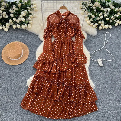Dot Dress Women Long Dresses Print Chiffon Lace Up Flare Sleeve A Line Vestidos Streetwear Elegant Splice Y2k High Waist Party