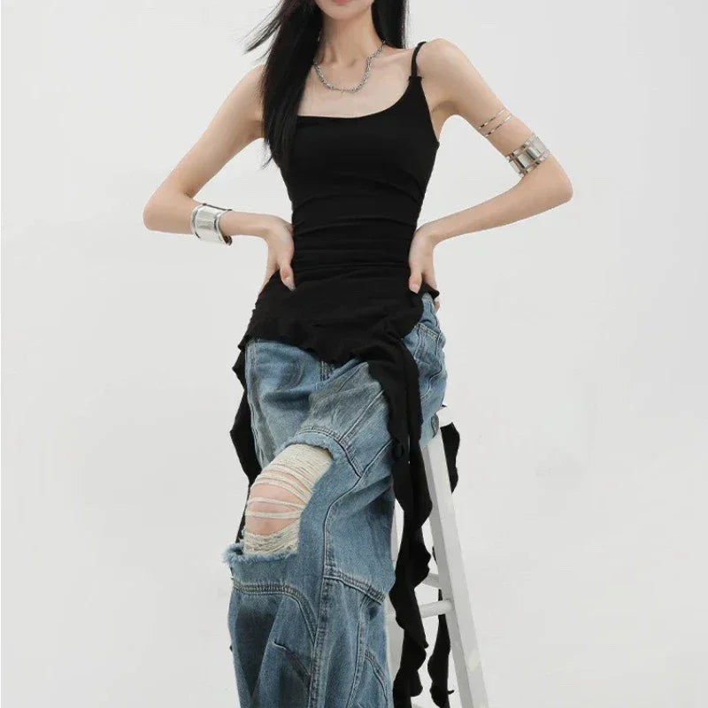 Deeptown Sexy Tank Top Asymmetrical Black Y2k Women Ruffle Grunge Backless Coquette Fashion Streetwear Tops Solid Aesthetics