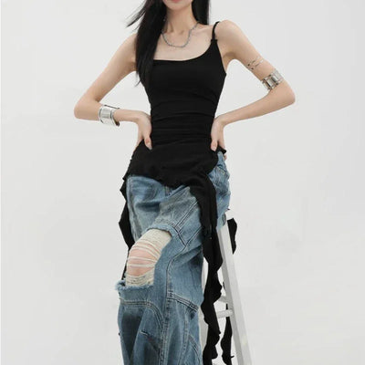Deeptown Sexy Tank Top Asymmetrical Black Y2k Women Ruffle Grunge Backless Coquette Fashion Streetwear Tops Solid Aesthetics