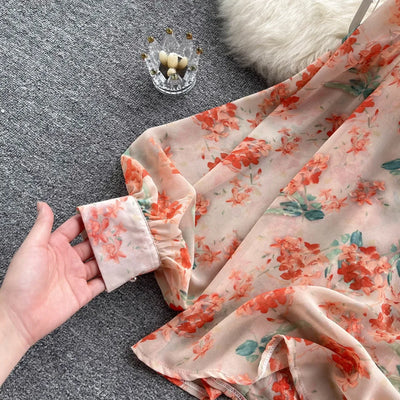 Women Ruffles Lace Floral Print Retro Elegant Button Shirts Summer Fashion Sweet Chic Stand Collar Long Sleeve Blouse Loose Tops