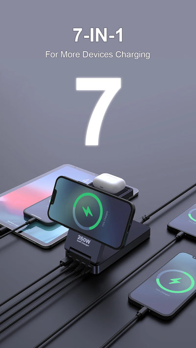 260W Magnetic Wireless Charging Station GaN USB TypeC Charger PPS PD Fast Charge For iPhone 16 15 IWatch AirPods Foldable Holder