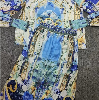 Retro women's V-neck beaded print long-sleeved Joker coat Spring and Autumn new two-piece suit+high-waist wide-leg trousers suit