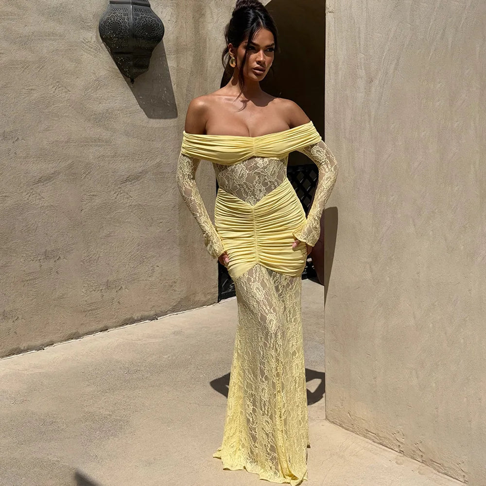 Woman Clothing Lace Patchwork Evening Dress 2025 Autumn Sexy Slash Neck Long Sleeve Folds Party Gown Lady Long Maxi Prom Dresses