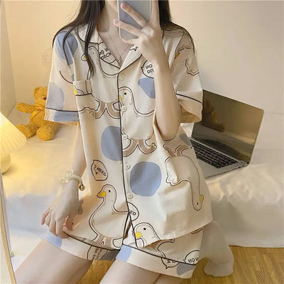 Women's Pajamas Loungewear Cartoon Goose Nightwear Homewear Ladies Tops and Pants V-Neck Sleepwear Comfortable and Breathable