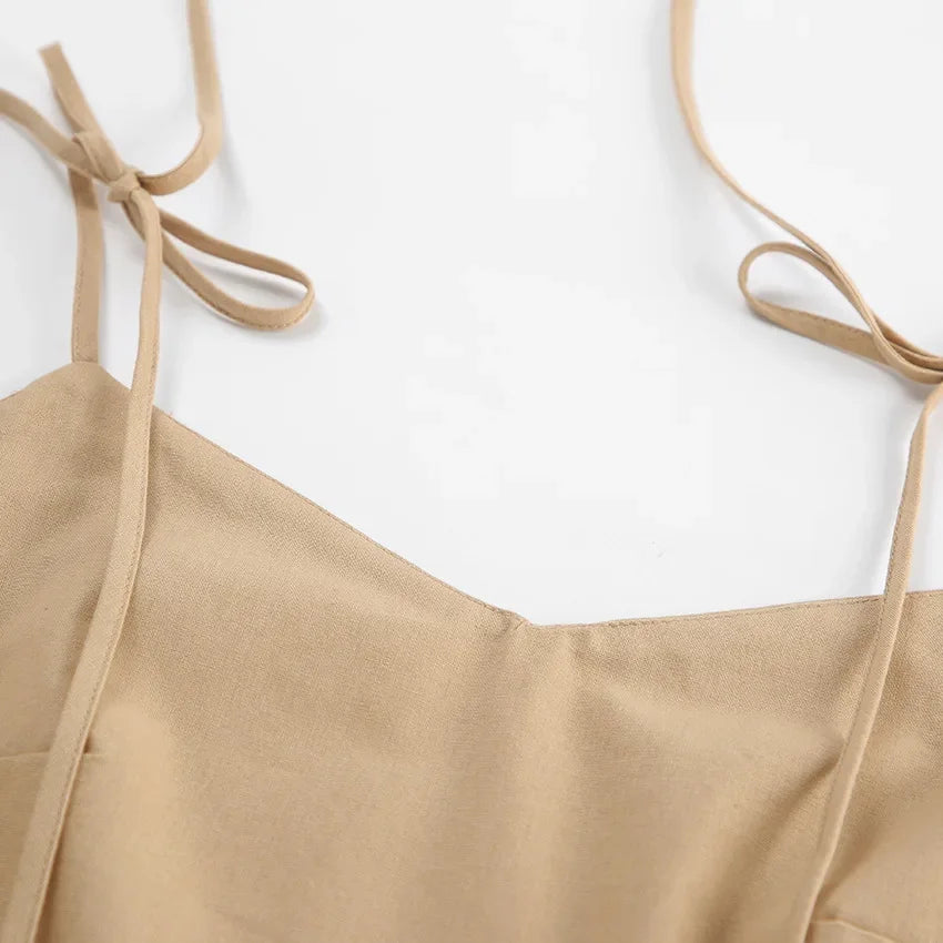 Cotton Linen Solid Color Spaghetti Strap Dresses Women Fashion Leace-up V-neck Backless Beach Vacation Long Dress Female New
