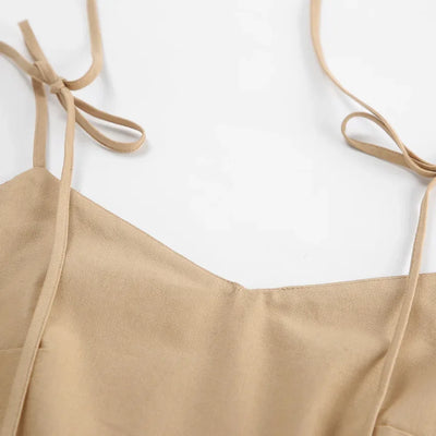 Cotton Linen Solid Color Spaghetti Strap Dresses Women Fashion Leace-up V-neck Backless Beach Vacation Long Dress Female New