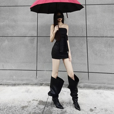 2024 Style Fashion Pointed Toe Boots Pleated Over-the-Knee Boots Women’s Wide Cowboy Boots for Women